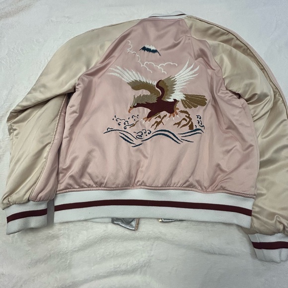 Retro Golden by Tna Pink Satin Bomber Jacket with Eagle Embroidery. Size Medium - Picture 2 of 3